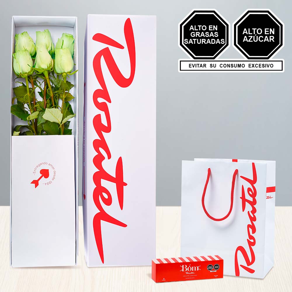 Caja con 6 Rosas Verdes y Chocolates Bom 2 unids.
