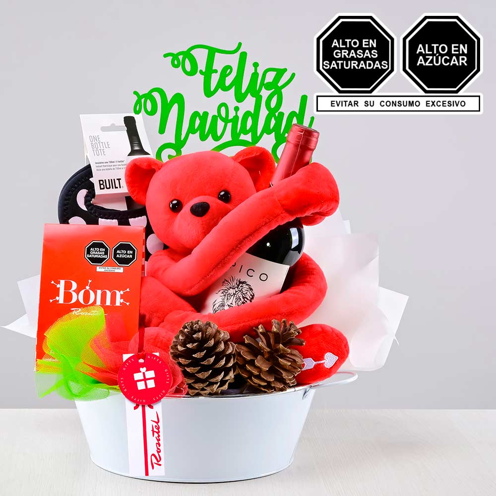 Arreglo Navideño Vino Peluche y Chocolates