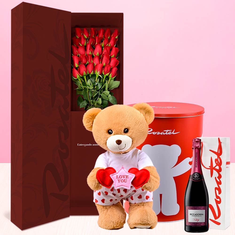 Caja Rosatel con 30 Rosas Hugo Boxer y Riccadonna Ruby