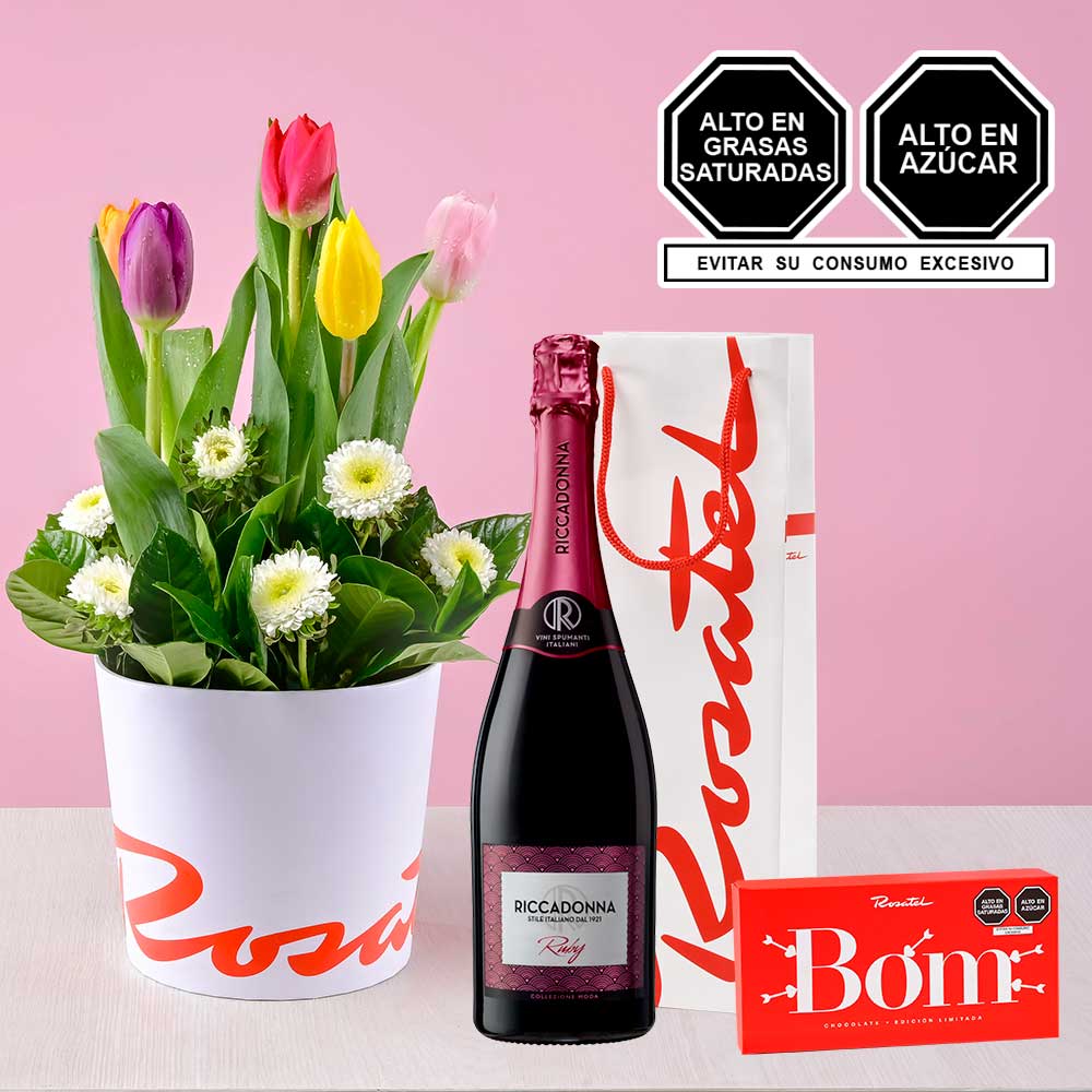Arreglo de Tulipanes, Riccadonna Ruby y Chocolates Bom