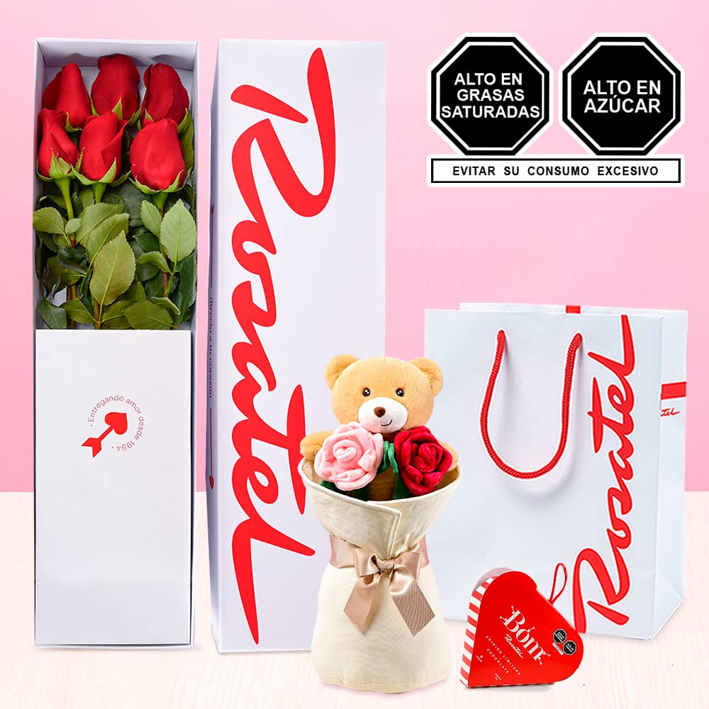 Caja con 6 Rosas, Peluche en Diseño Hugo de Amor y Chocolates Bom