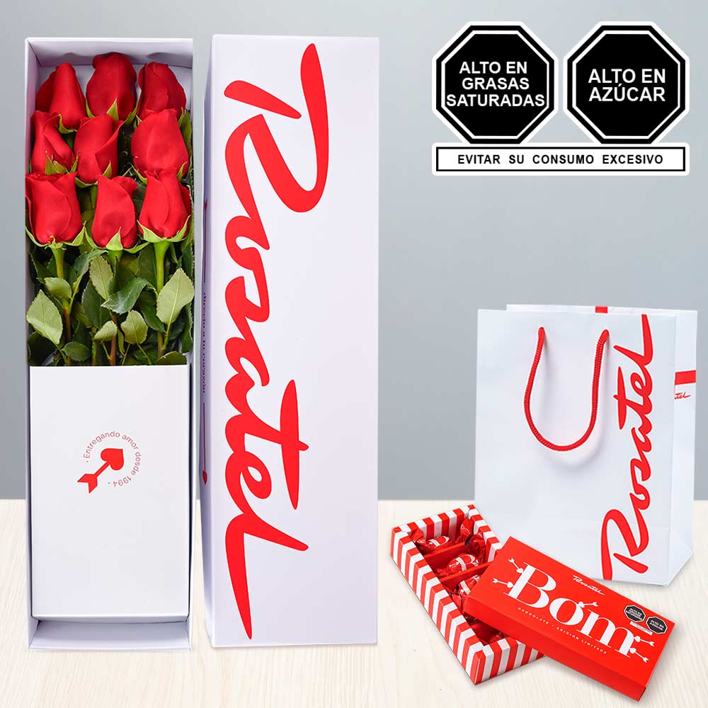 Caja con 9 Rosas Rojas y  Chocolates Bom 5 Unid