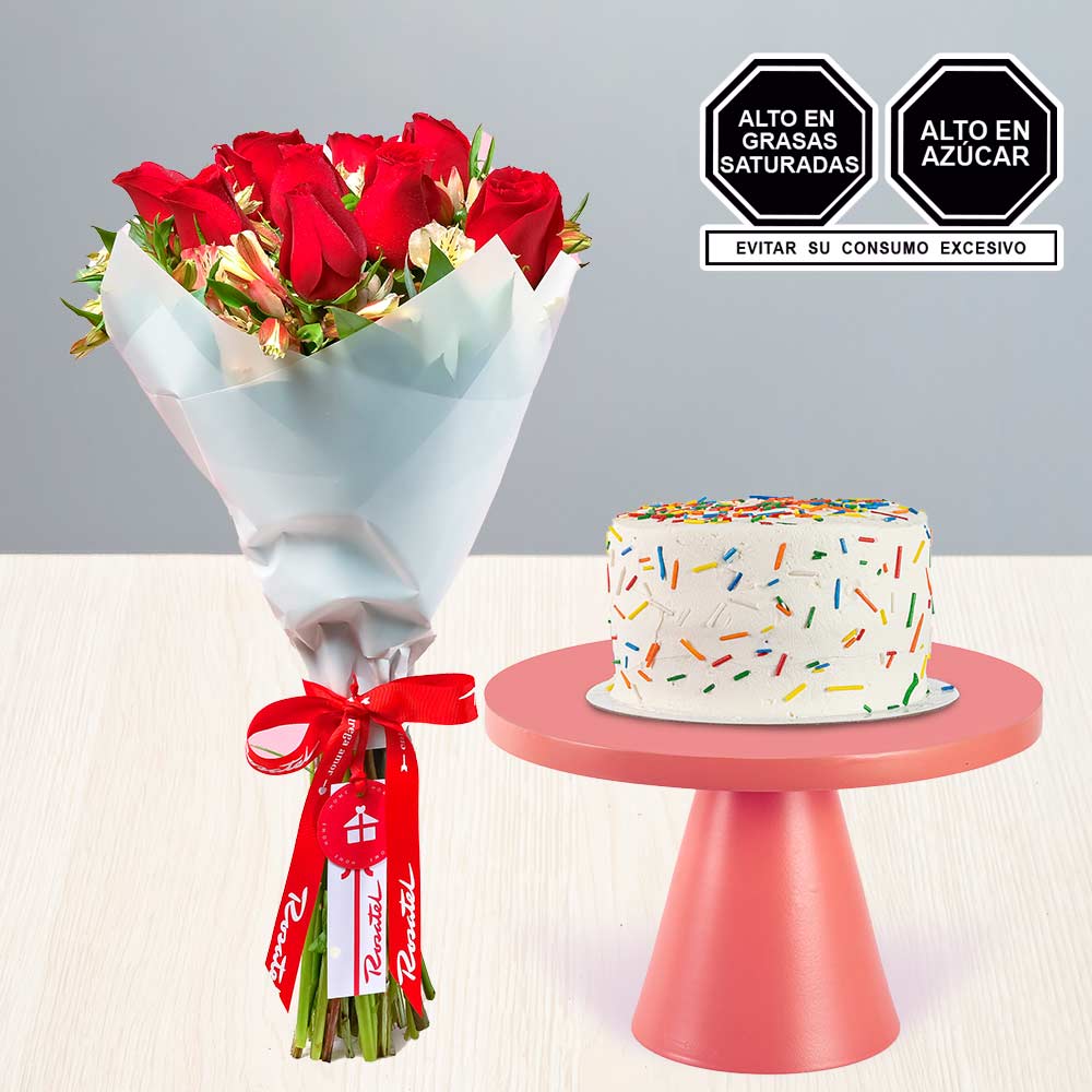 Ramo de Rosas y Mini Torta de Cumpleaños