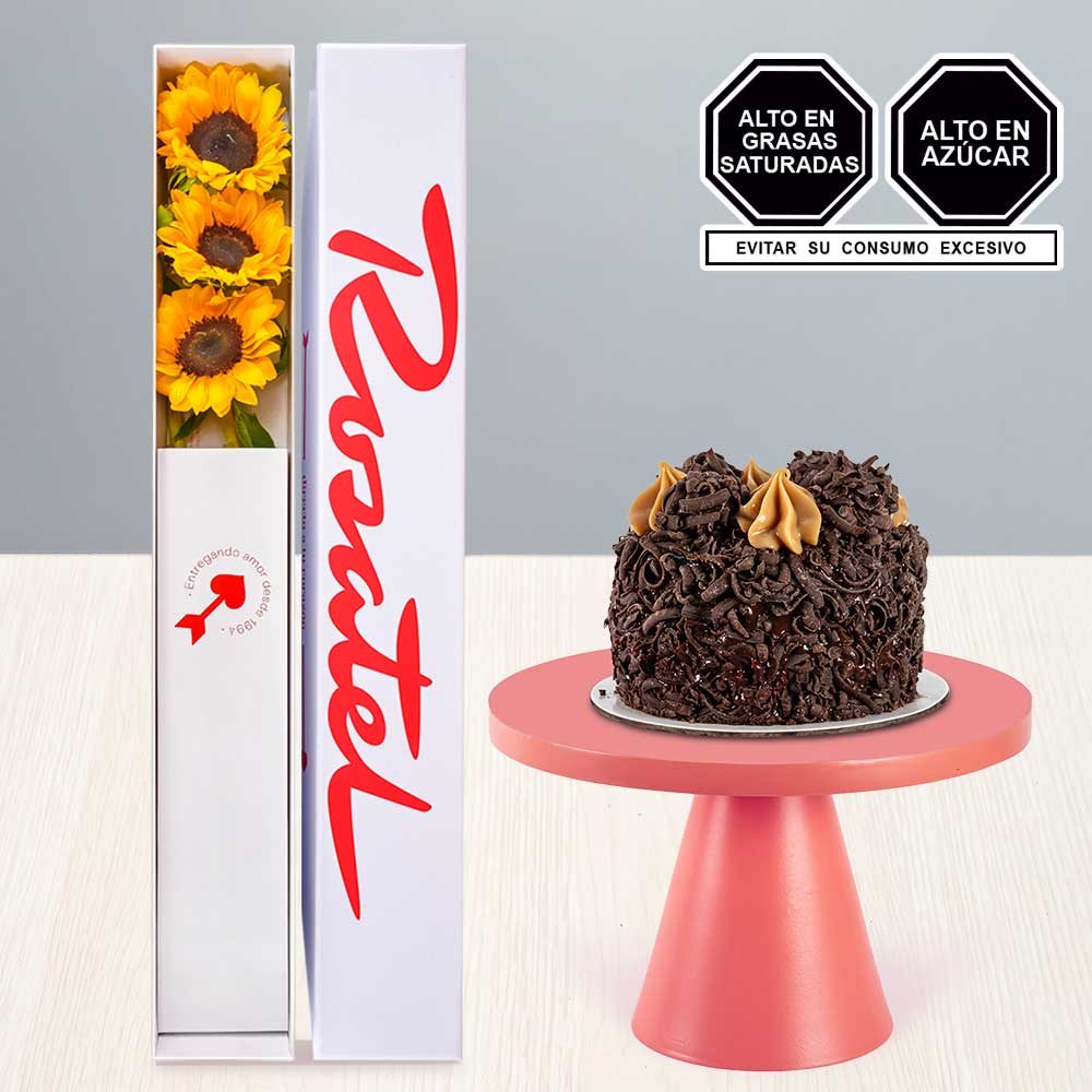 Caja con Girasoles y Mini Torta de Chocolate