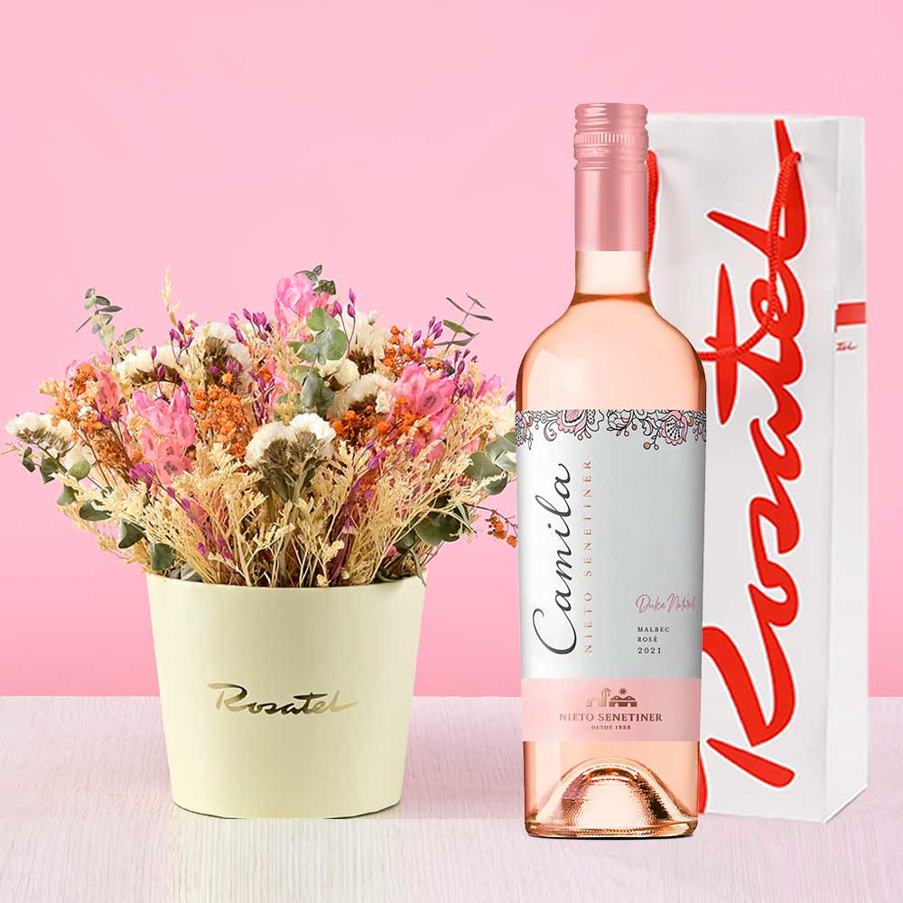Arreglo de Flores secas y  Vino Nieto Senetiner