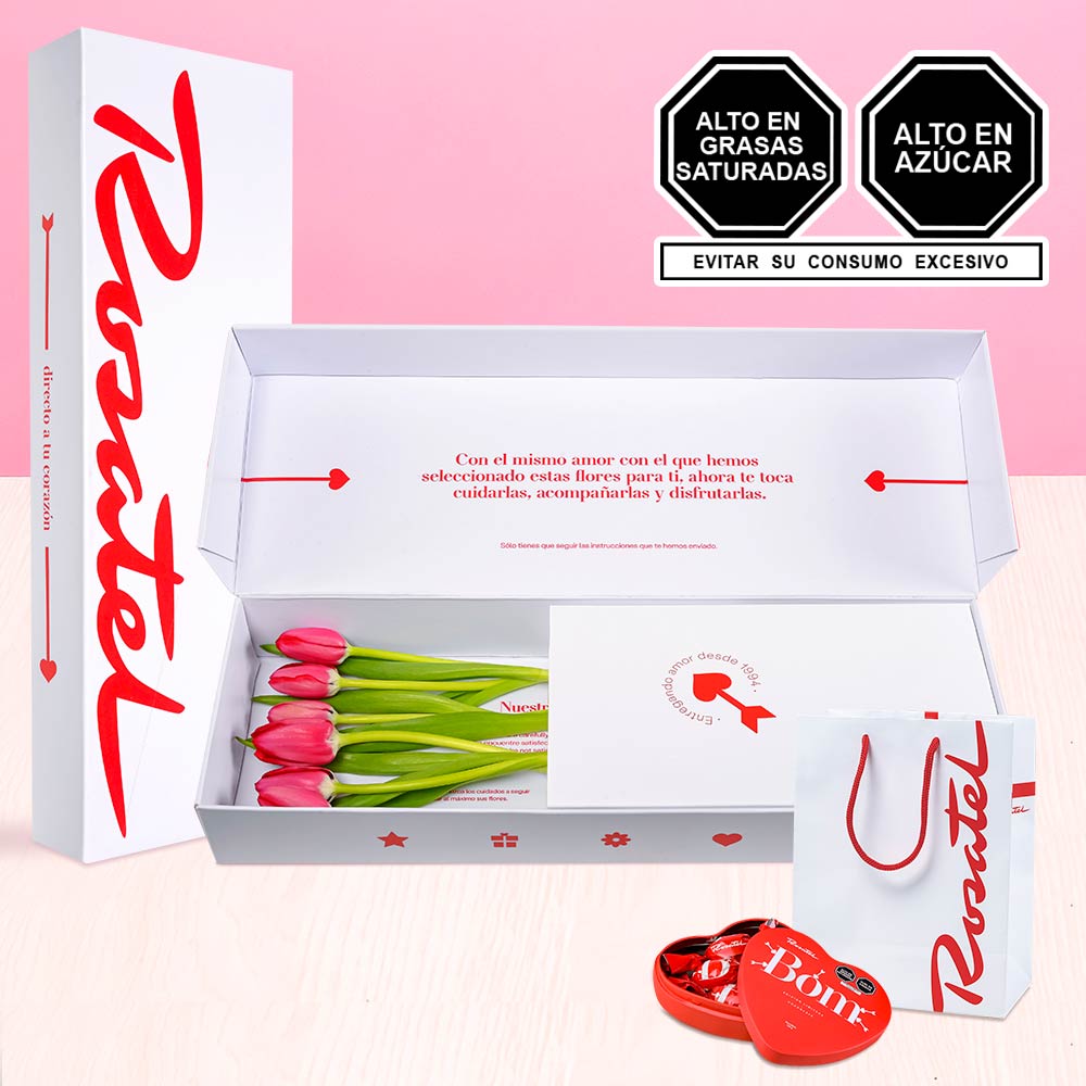 Caja con 6 Tulipanes Rojos y Chocolates Bom