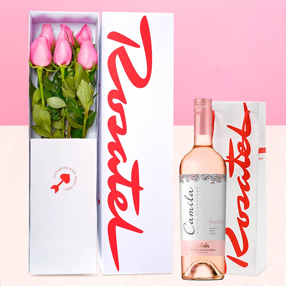Caja con 6 Rosas Rosadas y Vino Nieto Senetiner
