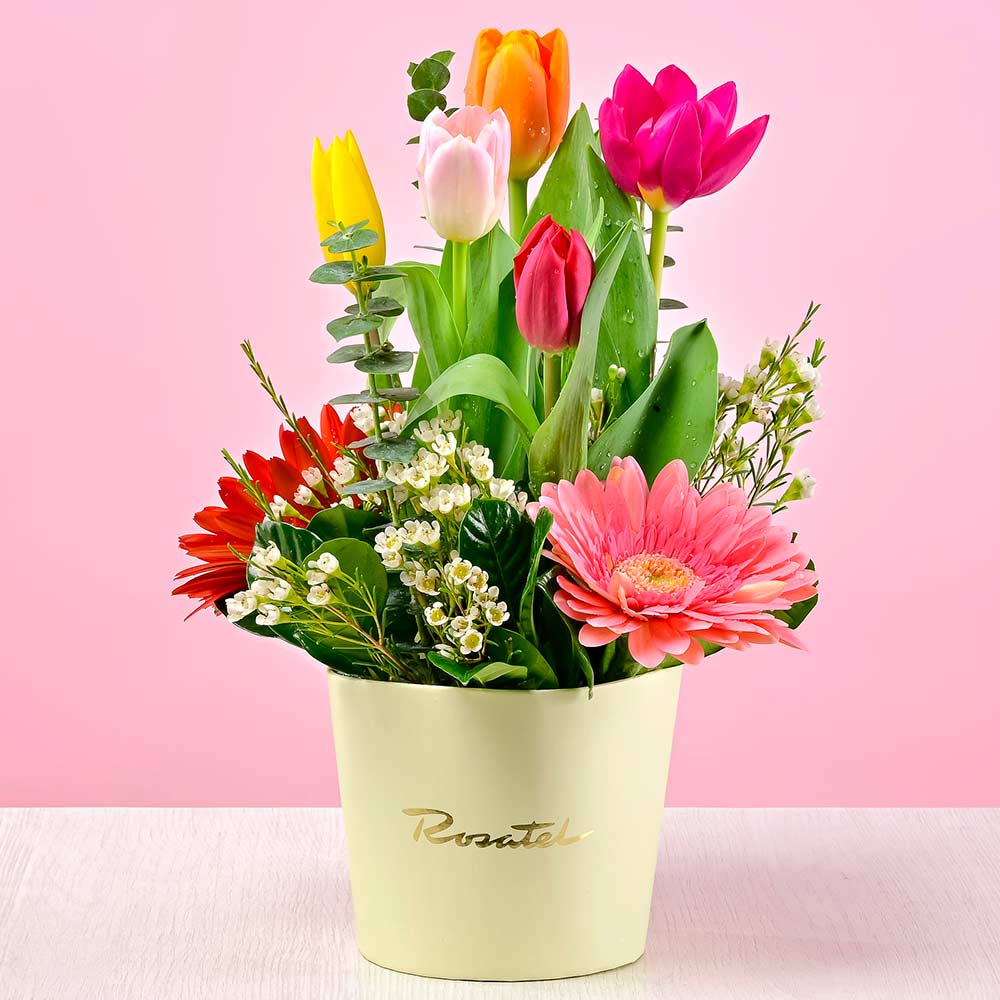 Mini Arreglo Arcoíris Tulipanes y Flores