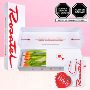 Caja con Tulipanes Naranjas y Chocolates Bom
