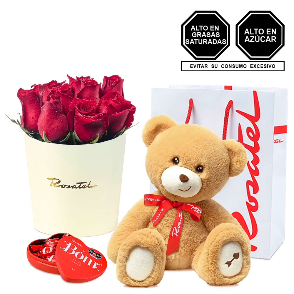 Arreglo con Rosas Peluche Hugo y Chocolates Bom Rosatel