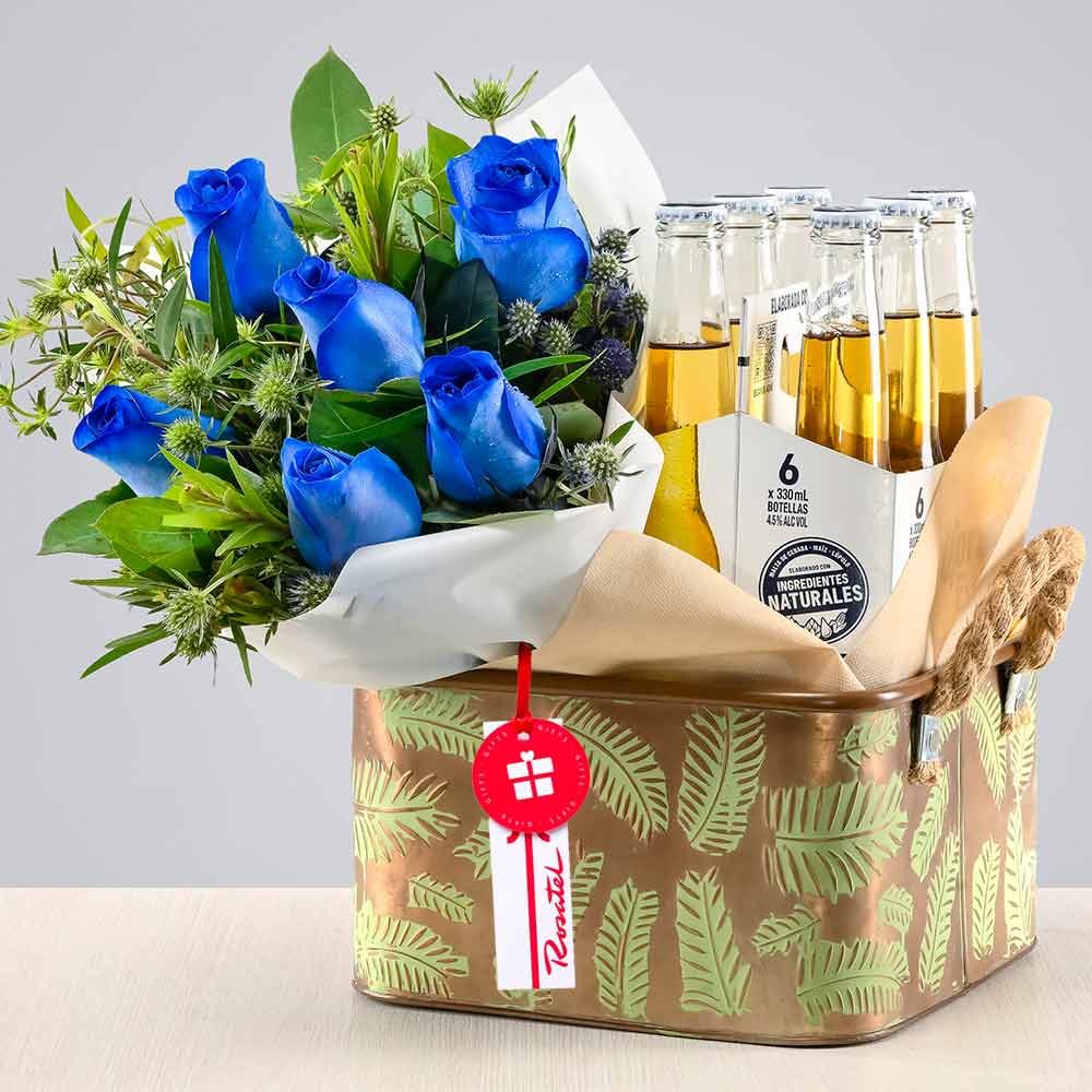 Arreglo de Rosas Azules y Cervezas Corona