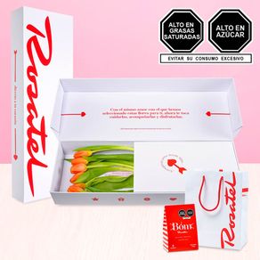 Caja con Tulipanes Naranjas y Chocolates Bom