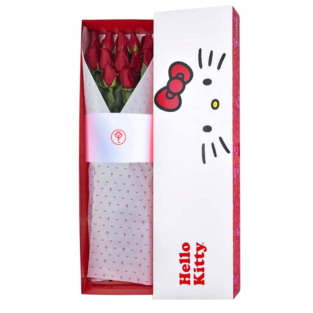 Caja Lazos Hello Kitty con 12 Rosas