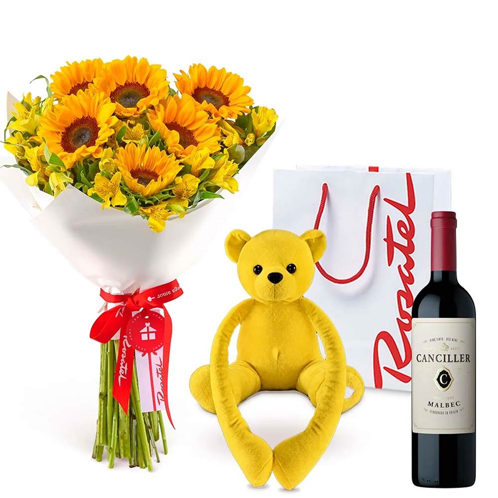 Ramo de Girasoles, Peluche Amoroso y Vino Canciller
